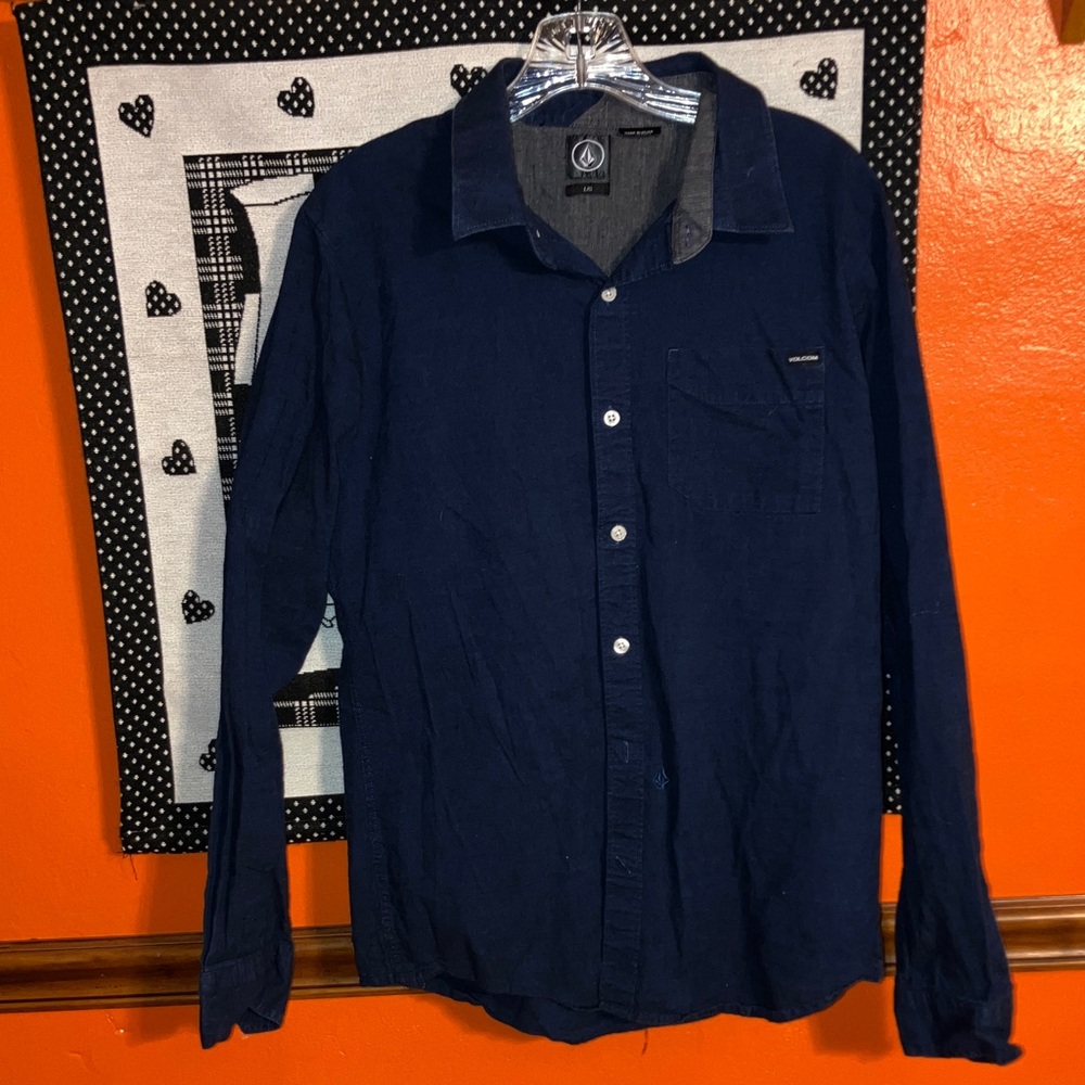 VOLCOM FLATTS Dark Blue Denim Shirt MENS LARGE